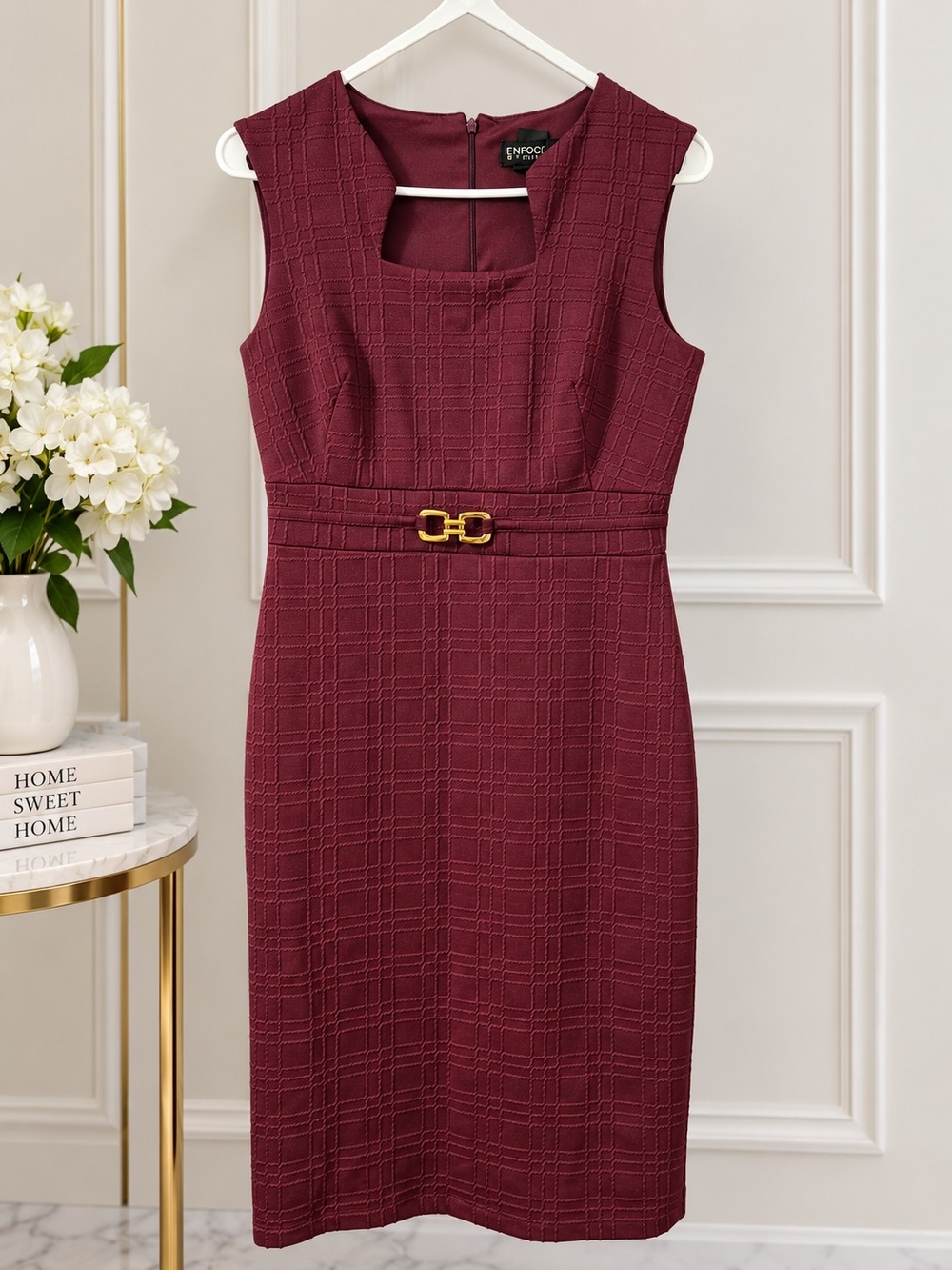 Enfocus Studio Textured Wine Sheath Dress with Gold Buckle